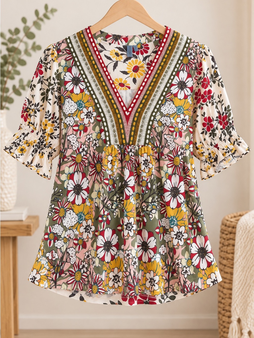 Bl-nk Stephanie Top Anthropologie, colorful floral bpattern V-neck trim blouse